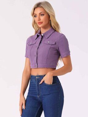 New Allegra K Lilac Short Sleeves Crop Jean Denim Jacket